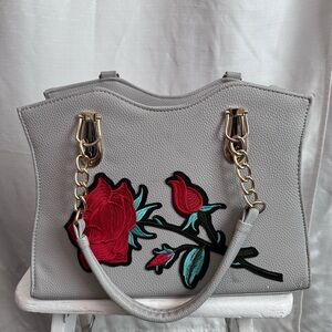 Red and Gray Shoulder Bags with Floral Embroidery